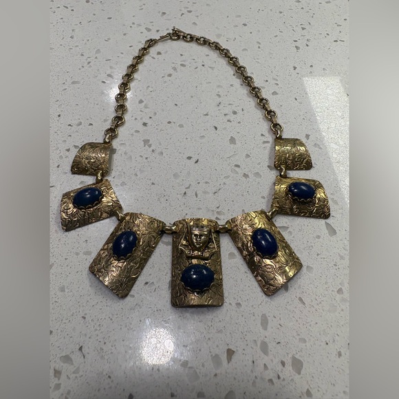 Antique Egyptian Style Gold and Blue Statement Necklace